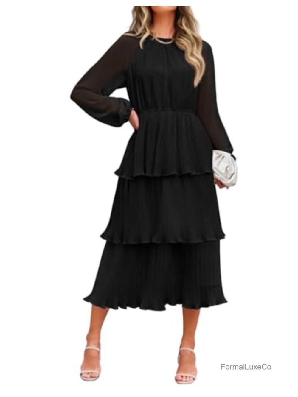 Chiffon Tiered Midi Dress Long Lantern Sleeve Crew Neck Ruffle